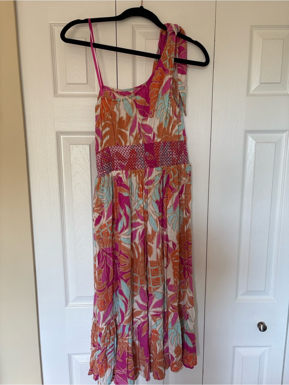 Band of the Free Raya Maui One Shoulder Maxi Dress in Pink, Orange & Aqua
